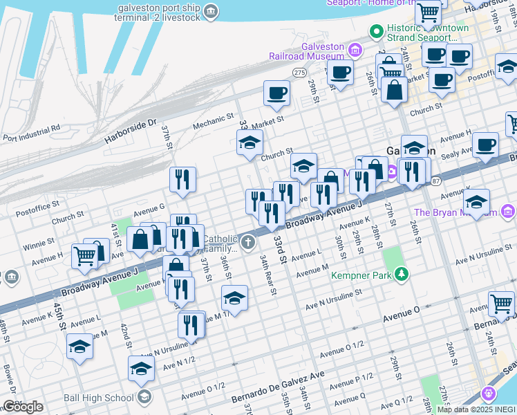 map of restaurants, bars, coffee shops, grocery stores, and more near 3316 Sealy Avenue in Galveston