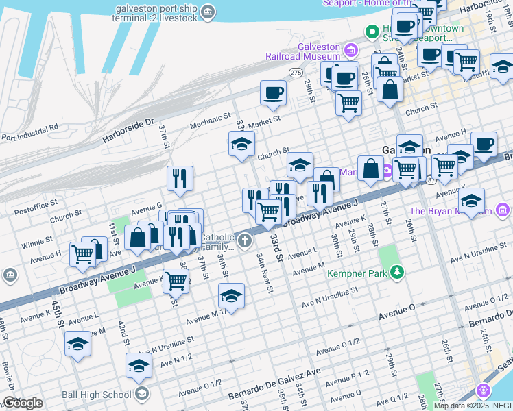 map of restaurants, bars, coffee shops, grocery stores, and more near 3316 Sealy Avenue in Galveston