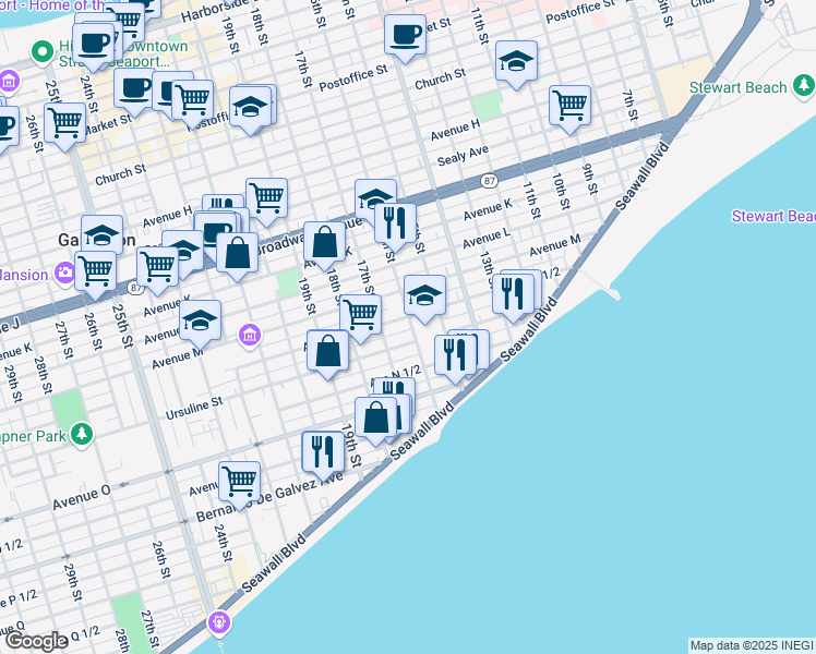 map of restaurants, bars, coffee shops, grocery stores, and more near 1502 17th Street in Galveston