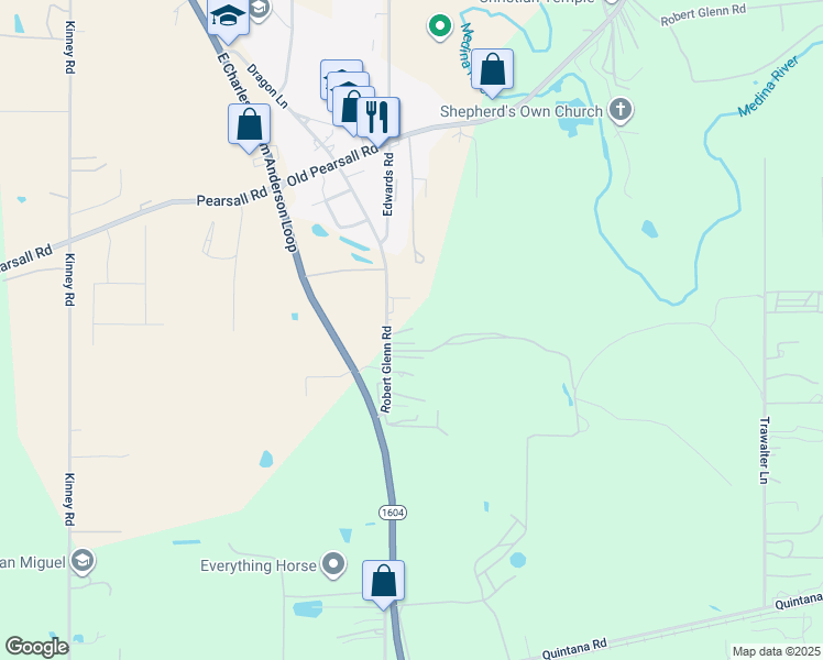 map of restaurants, bars, coffee shops, grocery stores, and more near 12650 Robert Glenn Road in San Antonio