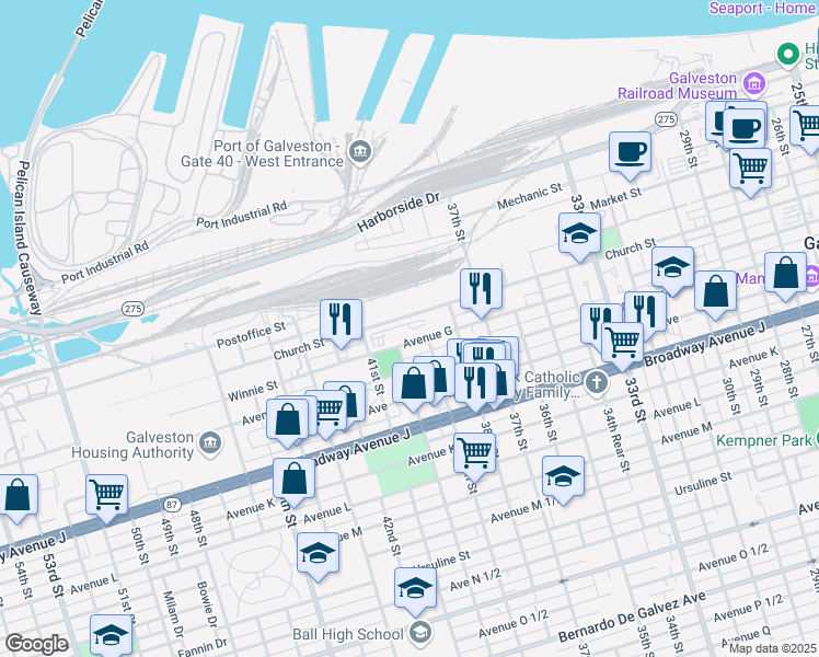 map of restaurants, bars, coffee shops, grocery stores, and more near 3916 Winnie Street in Galveston