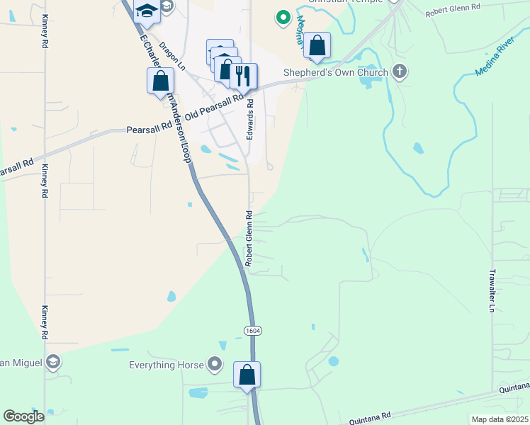 map of restaurants, bars, coffee shops, grocery stores, and more near 12650 Robert Glenn Road in San Antonio