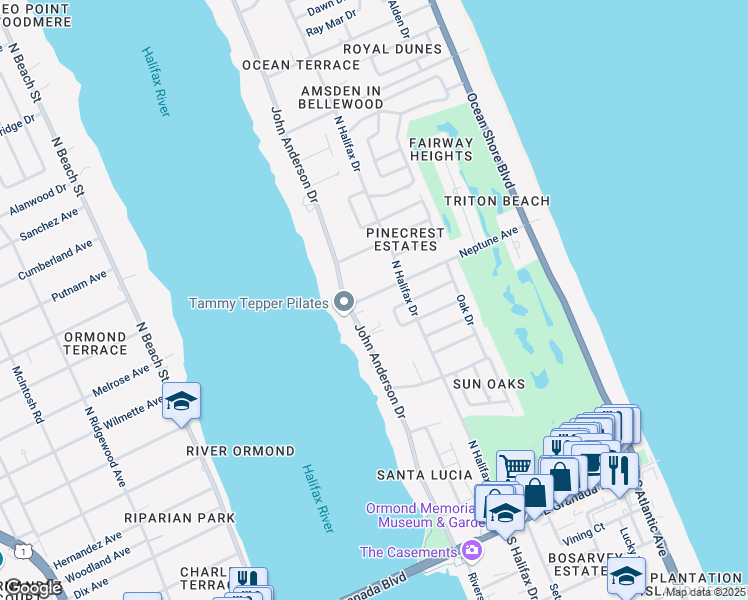 map of restaurants, bars, coffee shops, grocery stores, and more near 46 Neptune Avenue in Ormond Beach