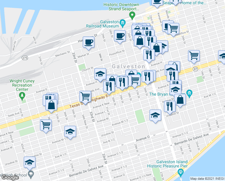 map of restaurants, bars, coffee shops, grocery stores, and more near 2928 Broadway Avenue J in Galveston