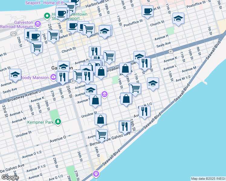 map of restaurants, bars, coffee shops, grocery stores, and more near 2009 Avenue M in Galveston