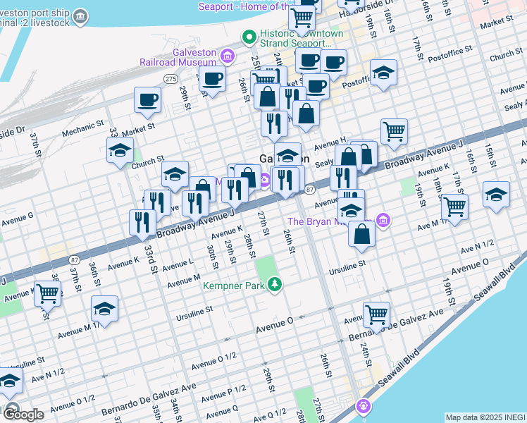 map of restaurants, bars, coffee shops, grocery stores, and more near in Galveston