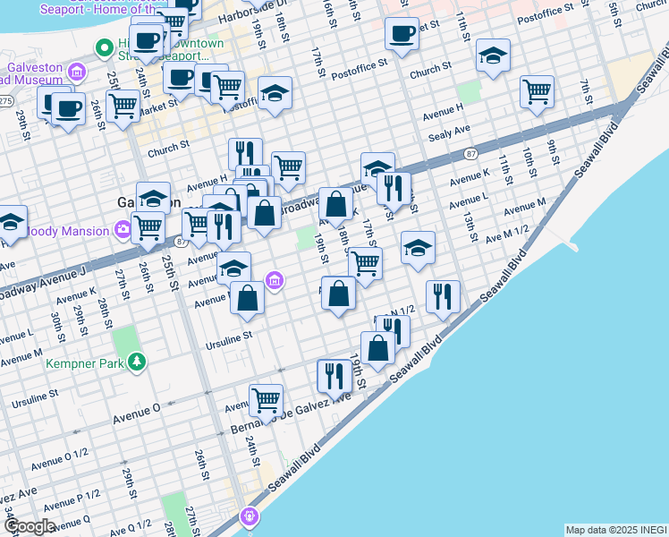 map of restaurants, bars, coffee shops, grocery stores, and more near 1823 Avenue M in Galveston