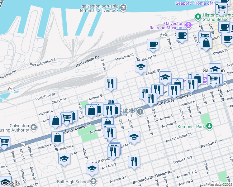 map of restaurants, bars, coffee shops, grocery stores, and more near 713 37th Street in Galveston