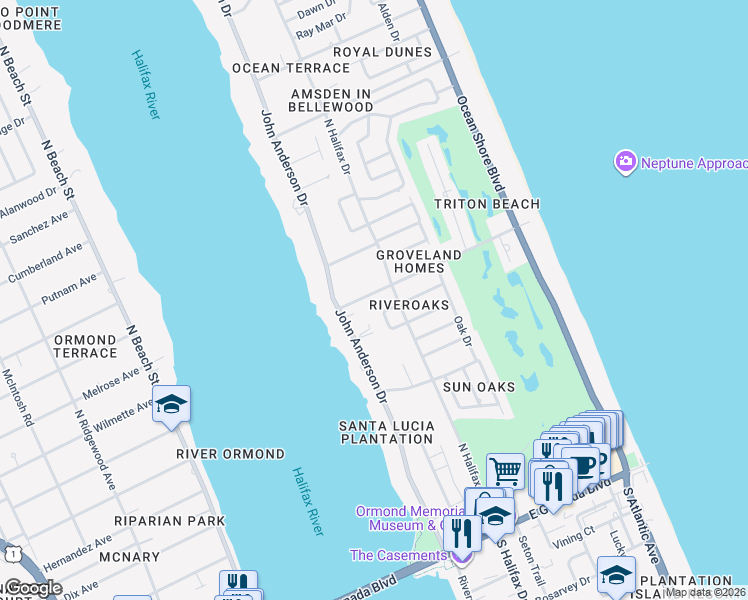 map of restaurants, bars, coffee shops, grocery stores, and more near 46 Neptune Avenue in Ormond Beach