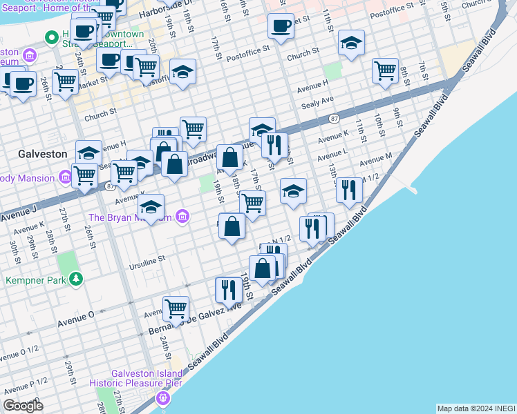 map of restaurants, bars, coffee shops, grocery stores, and more near 1706 Avenue M 1/2 Rear in Galveston