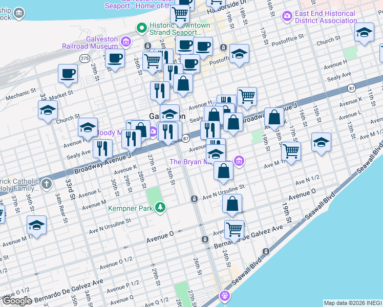map of restaurants, bars, coffee shops, grocery stores, and more near 2401 Avenue K in Galveston