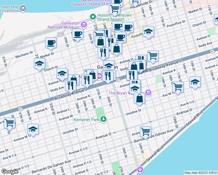 map of restaurants, bars, coffee shops, grocery stores, and more near 2605 Avenue K in Galveston