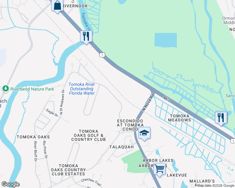 map of restaurants, bars, coffee shops, grocery stores, and more near 49 North Saint Andrews Drive in Ormond Beach