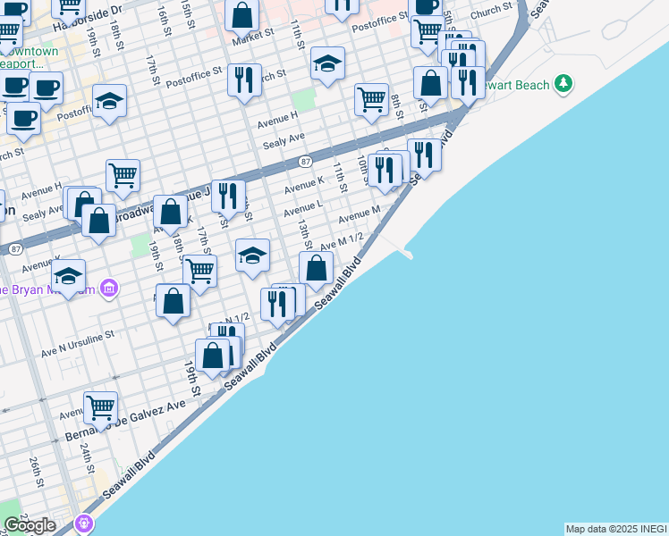 map of restaurants, bars, coffee shops, grocery stores, and more near 1128 Seawall Boulevard in Galveston
