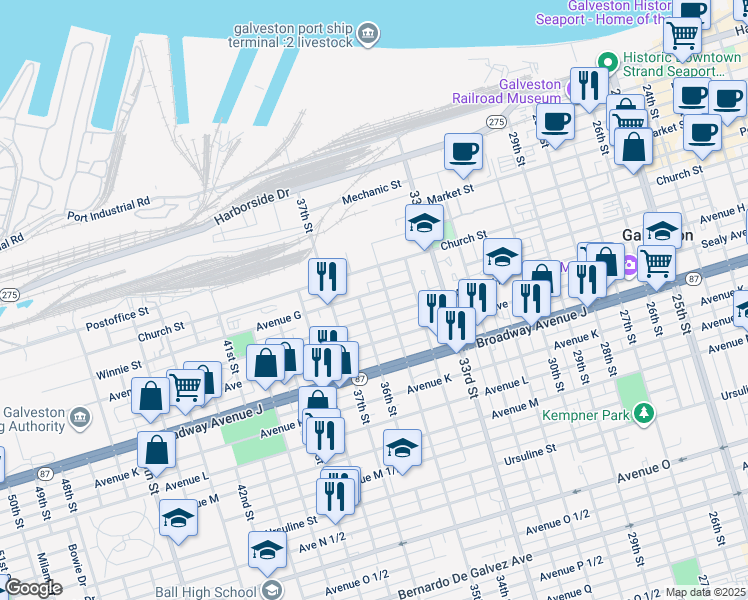 map of restaurants, bars, coffee shops, grocery stores, and more near 3501 Church Street in Galveston