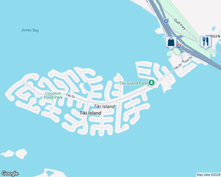 map of restaurants, bars, coffee shops, grocery stores, and more near 418 Tahiti Road in Tiki Island