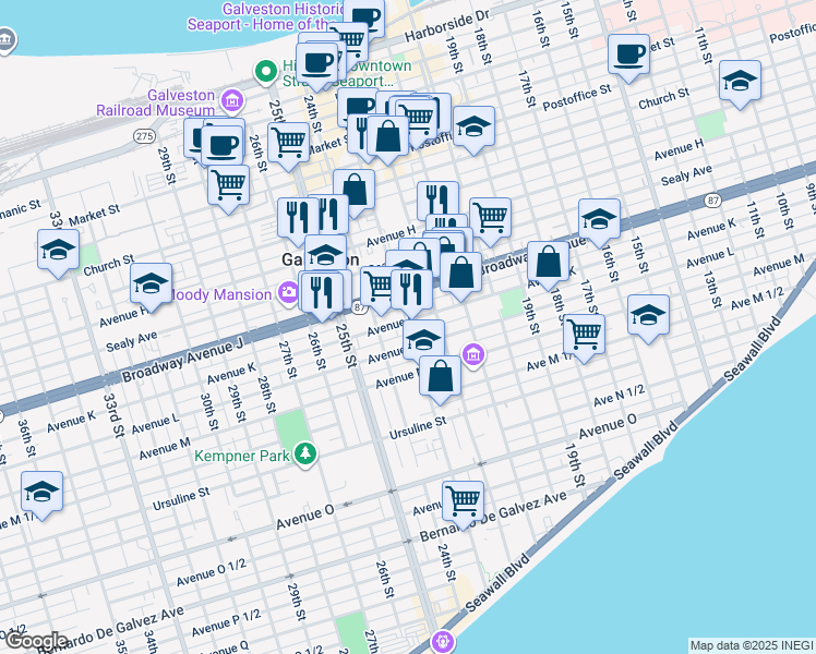 map of restaurants, bars, coffee shops, grocery stores, and more near 1111 23rd Street Rear in Galveston