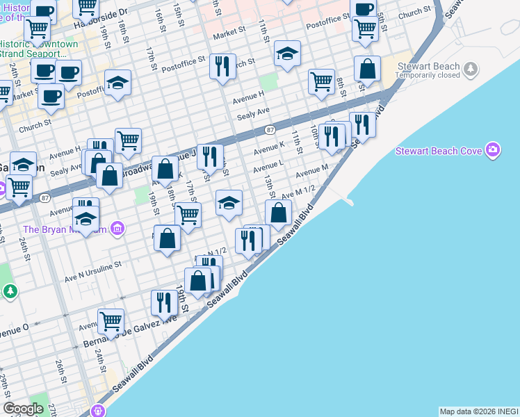map of restaurants, bars, coffee shops, grocery stores, and more near 1328 1/2 Avenue M in Galveston