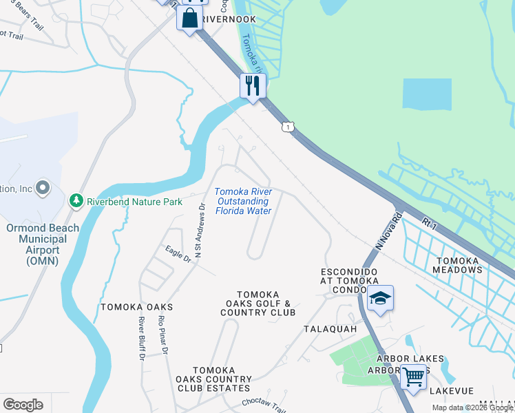 map of restaurants, bars, coffee shops, grocery stores, and more near 52 Pine Valley Circle in Ormond Beach