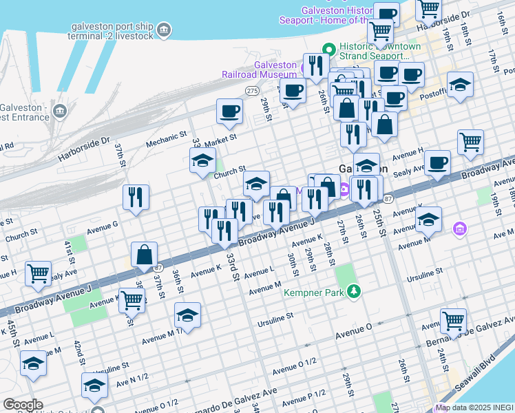 map of restaurants, bars, coffee shops, grocery stores, and more near 3014 Sealy Avenue in Galveston