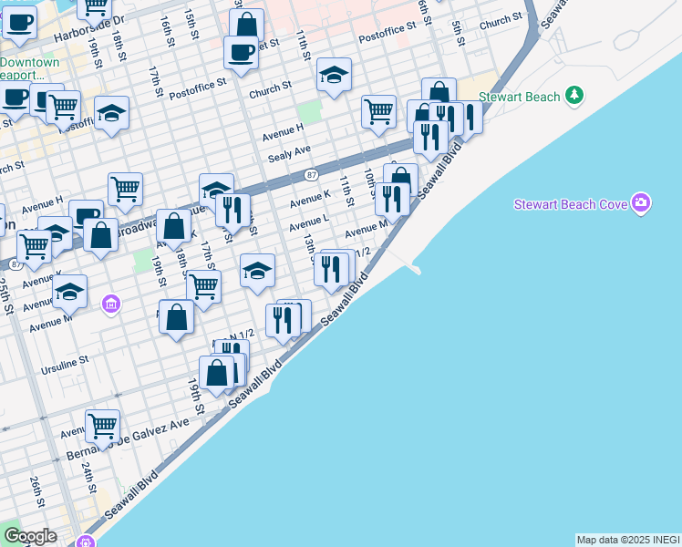map of restaurants, bars, coffee shops, grocery stores, and more near 1202 Avenue N in Galveston