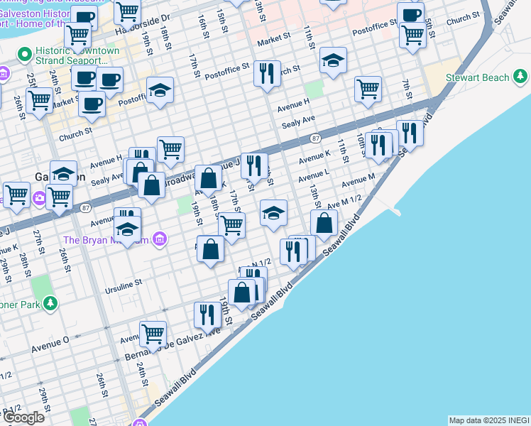 map of restaurants, bars, coffee shops, grocery stores, and more near 1307 15th Street in Galveston