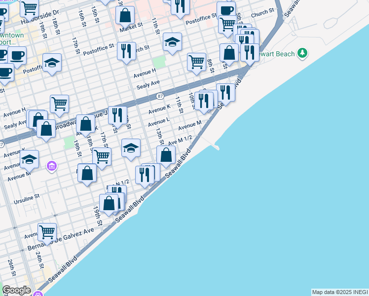 map of restaurants, bars, coffee shops, grocery stores, and more near 1128 Seawall Boulevard in Galveston