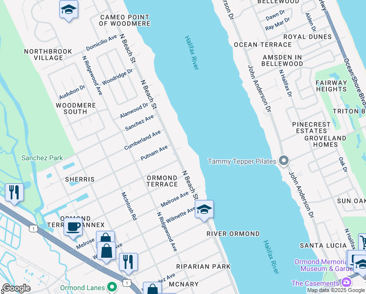 map of restaurants, bars, coffee shops, grocery stores, and more near 517 North Beach Street in Ormond Beach
