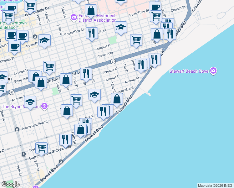 map of restaurants, bars, coffee shops, grocery stores, and more near 1227 Avenue M 1/2 in Galveston