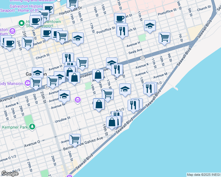 map of restaurants, bars, coffee shops, grocery stores, and more near 1610 Avenue M in Galveston