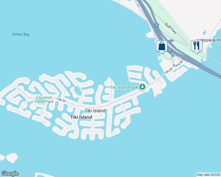 map of restaurants, bars, coffee shops, grocery stores, and more near 1102 Papeete Street in Tiki Island