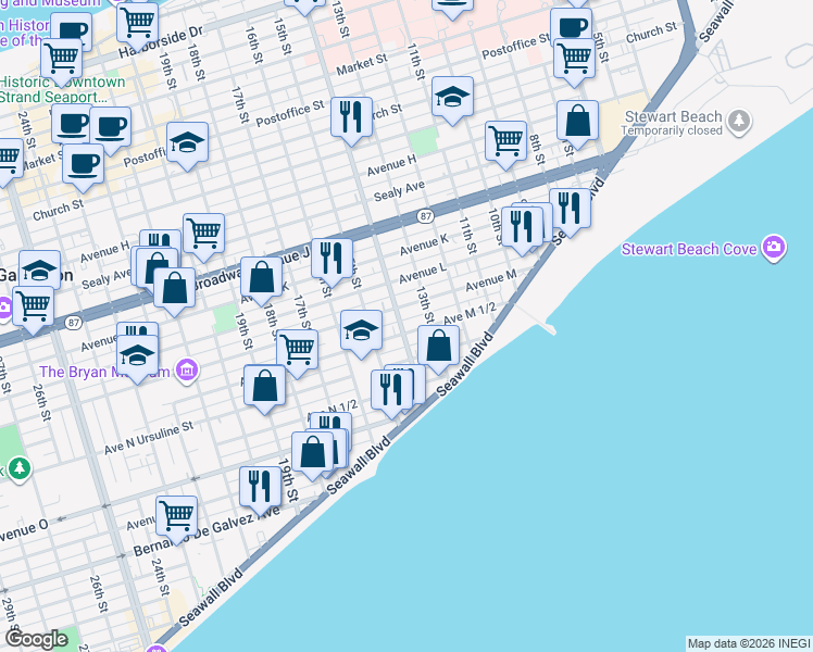 map of restaurants, bars, coffee shops, grocery stores, and more near 1328 1/2 Avenue M in Galveston