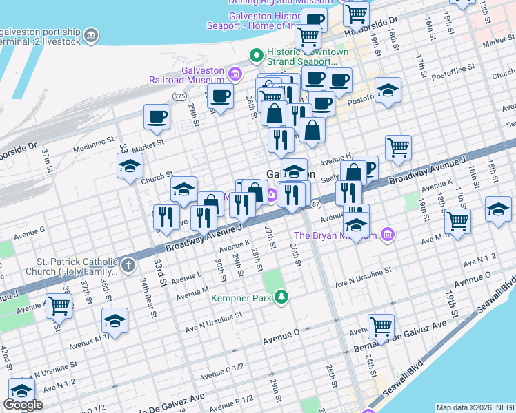 map of restaurants, bars, coffee shops, grocery stores, and more near 907 27th Street in Galveston