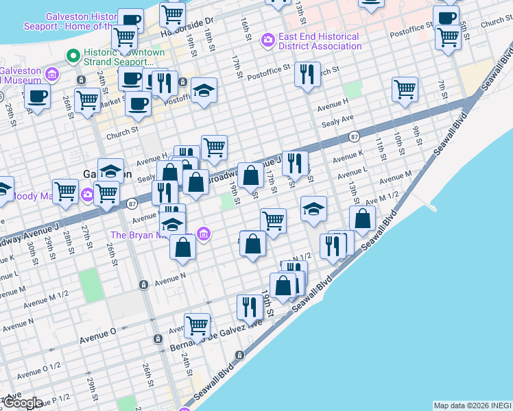 map of restaurants, bars, coffee shops, grocery stores, and more near 1715 Avenue L in Galveston