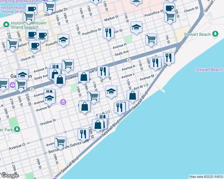 map of restaurants, bars, coffee shops, grocery stores, and more near 1307 15th Street in Galveston