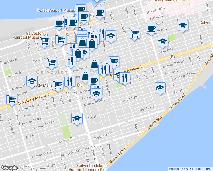 map of restaurants, bars, coffee shops, grocery stores, and more near 2101 Avenue K in Galveston
