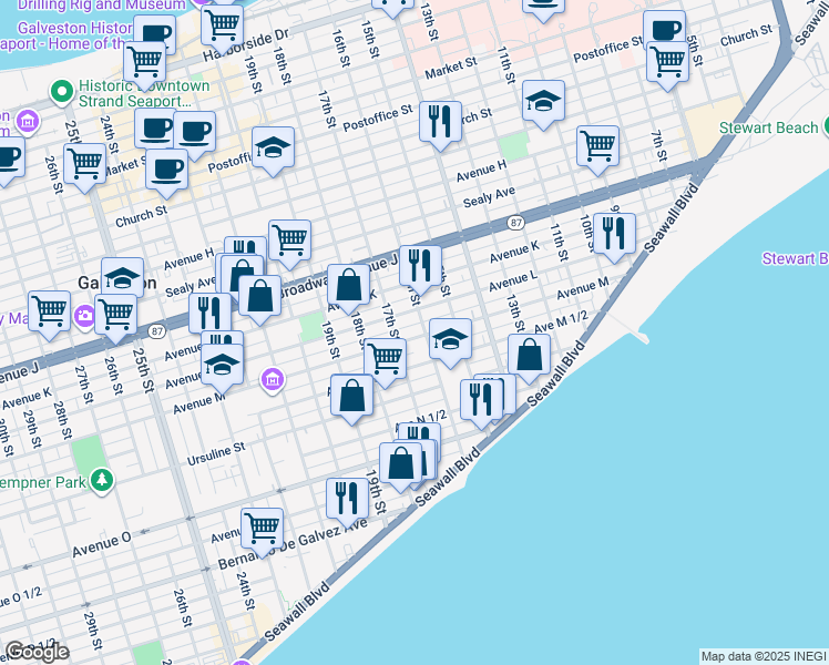 map of restaurants, bars, coffee shops, grocery stores, and more near 1610 Avenue M in Galveston