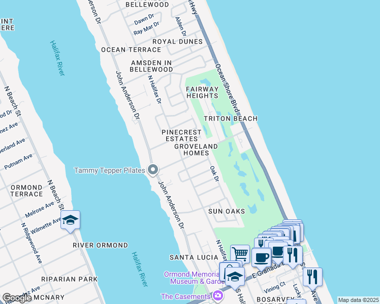 map of restaurants, bars, coffee shops, grocery stores, and more near 97 Neptune Avenue in Ormond Beach