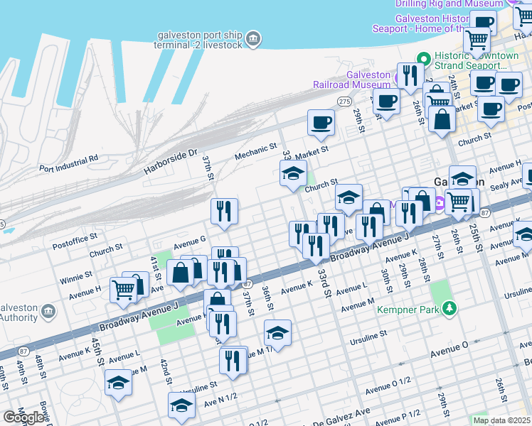 map of restaurants, bars, coffee shops, grocery stores, and more near 3410 Winnie Street in Galveston