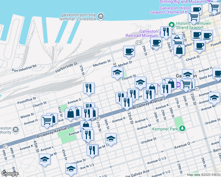 map of restaurants, bars, coffee shops, grocery stores, and more near 3410 Winnie Street in Galveston
