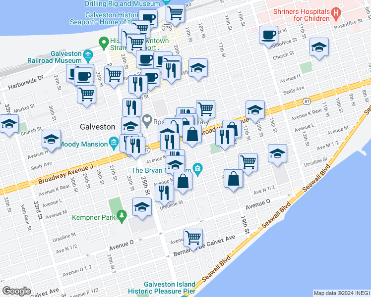 map of restaurants, bars, coffee shops, grocery stores, and more near 2118 Avenue K in Galveston