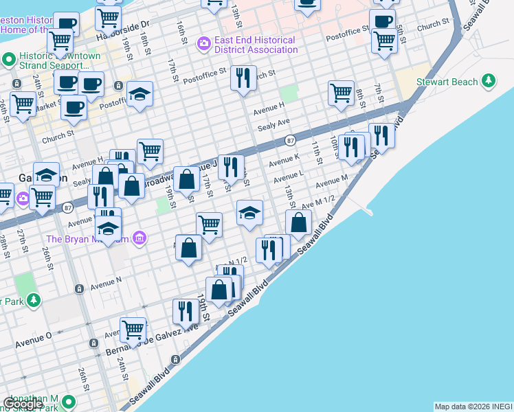 map of restaurants, bars, coffee shops, grocery stores, and more near 1307 15th Street in Galveston