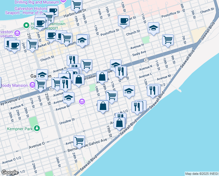 map of restaurants, bars, coffee shops, grocery stores, and more near 1715 Avenue L in Galveston