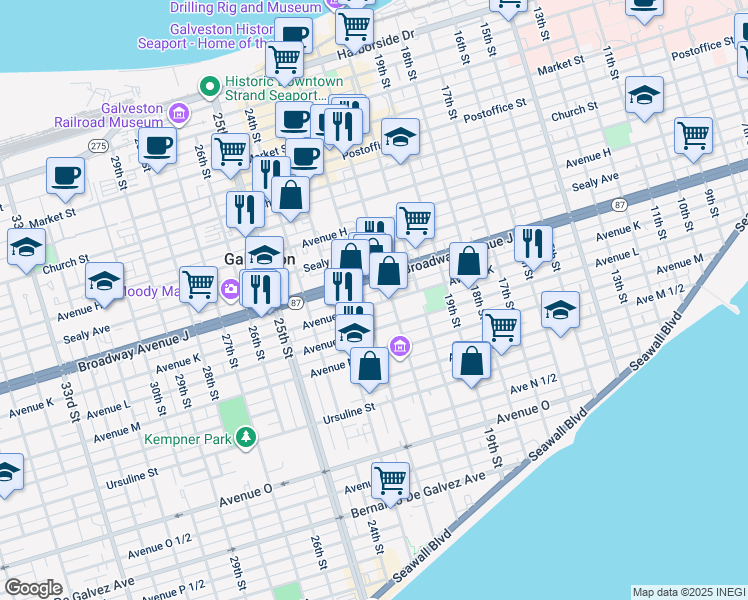 map of restaurants, bars, coffee shops, grocery stores, and more near 2118 Avenue K in Galveston
