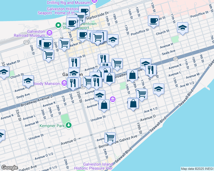 map of restaurants, bars, coffee shops, grocery stores, and more near 2112 Avenue K in Galveston