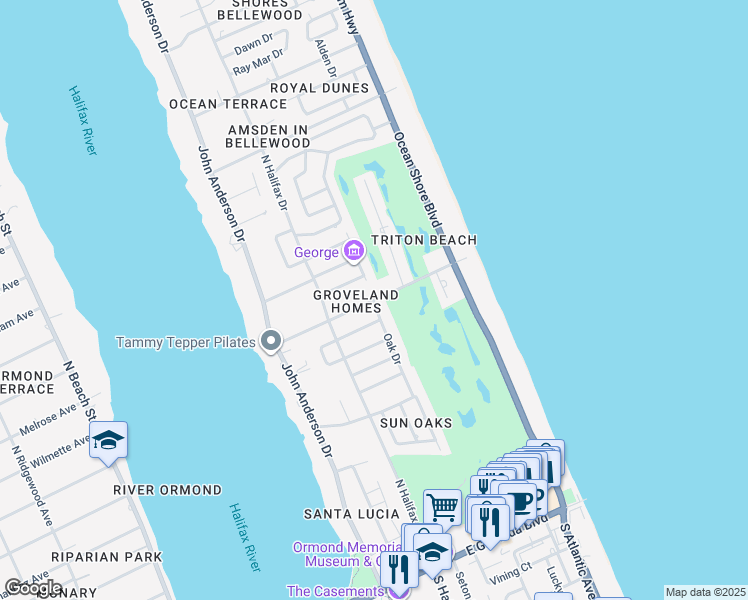 map of restaurants, bars, coffee shops, grocery stores, and more near 399 Oak Drive in Ormond Beach