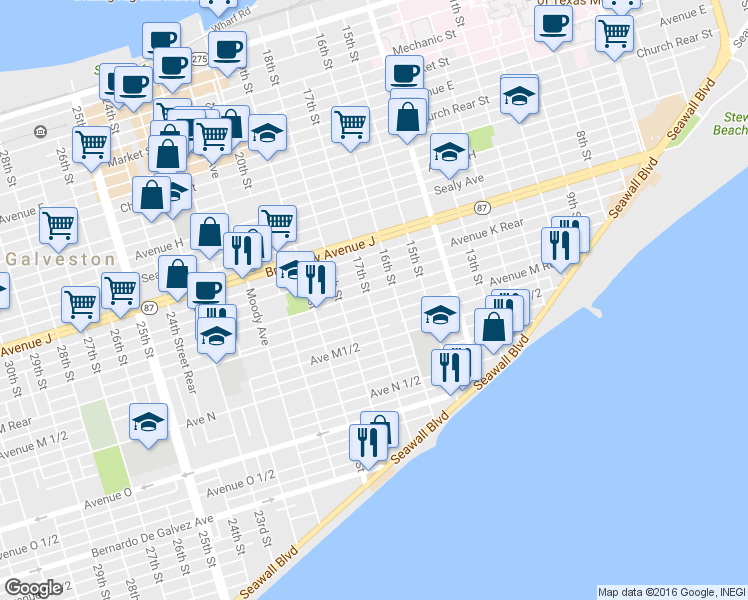 map of restaurants, bars, coffee shops, grocery stores, and more near 1610 Avenue M in Galveston
