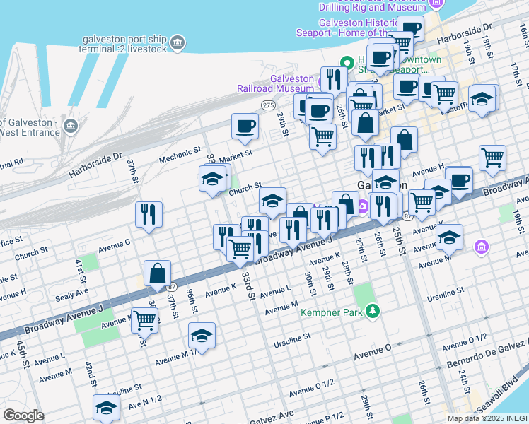 map of restaurants, bars, coffee shops, grocery stores, and more near 3014 Sealy Avenue in Galveston