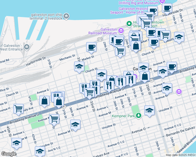 map of restaurants, bars, coffee shops, grocery stores, and more near 715 31st Street in Galveston