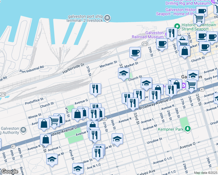 map of restaurants, bars, coffee shops, grocery stores, and more near 3501 Church Street in Galveston
